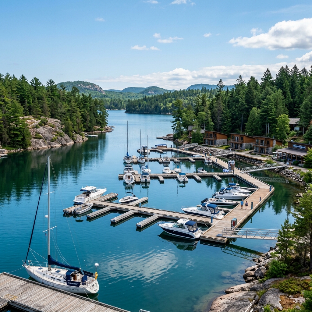 Aerial view of Go Home Lake Marina in a protected bay